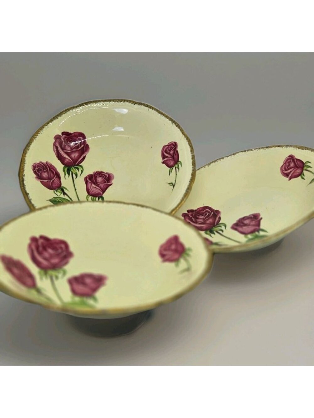 Royal Swan Vintage Anniversary Rose Soup Bowls Staffordshire 22KT Gold Rim Set 3